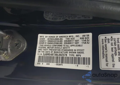 2009 Honda Cr-V Ex-L from USA, damaged, VIN 5J6RE48739L002378
